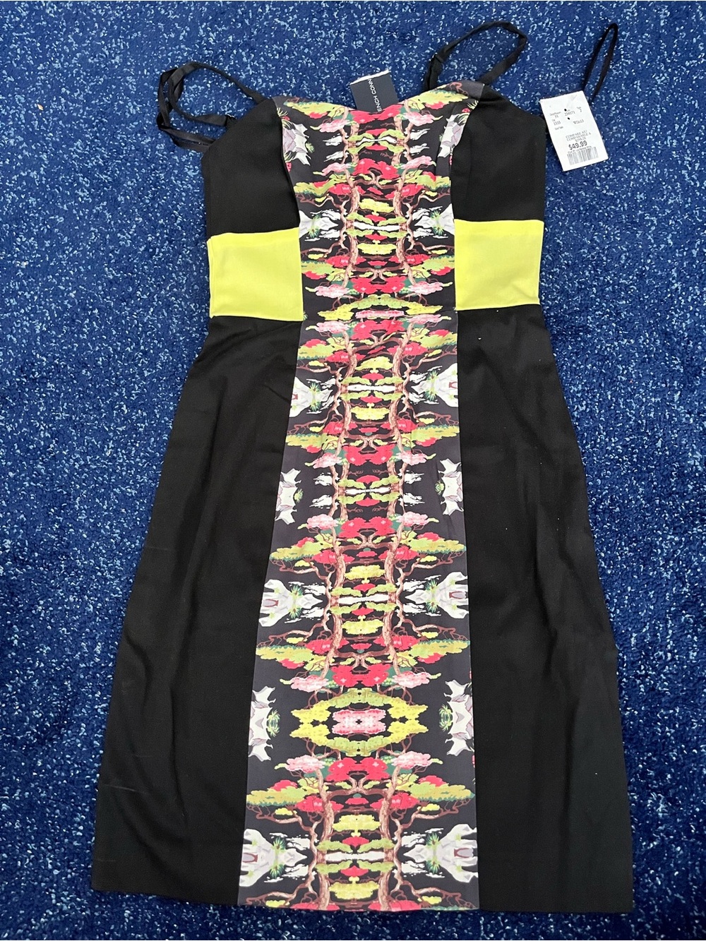 French Connection Black Dress with Neon Yellow and Multicolor Center Panel